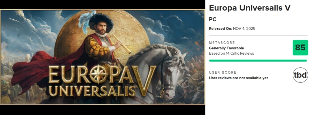 M站为《欧陆风云5》打出均分85！IGN也给出8分好评，盛赞该游戏未来前景可观