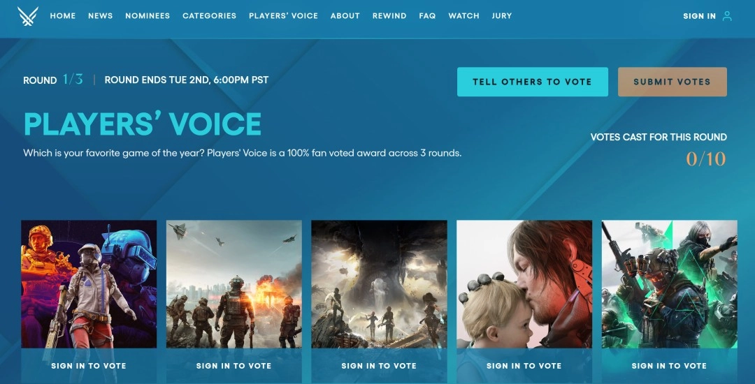 2025年度TGA“玩家之声”奖项的首轮投票通道现已正式开启