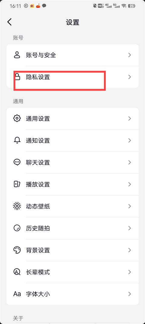 设置页面内隐私设置选项示意图