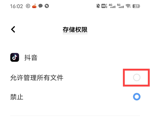 存储权限允许管理所有文件配置界面示意图