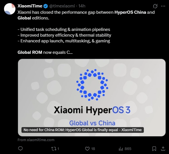 小米澎湃OS全球版性能显著增强海外米粉不必再刷入中国版ROM
