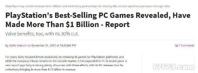 索尼旗下PC游戏在Steam平台收入超15亿美元，《绝地潜兵2》以1270万份销量位居榜首