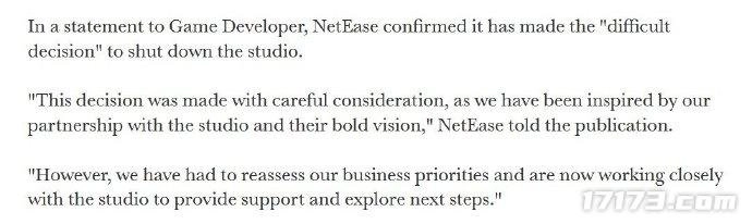 继日本樱花工作室被关停后，网易又一次关闭了其海外游戏工作室