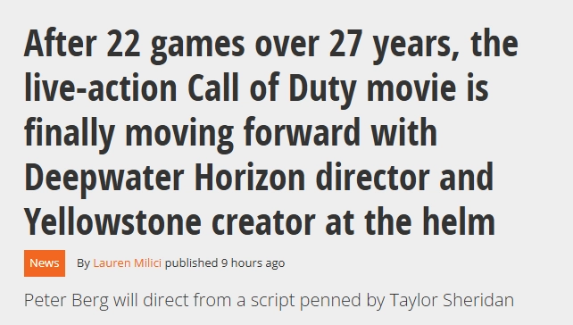 经过长达27年的等待，《使命召唤》真人电影的拍摄工作终于提上日程了