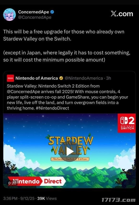 《星露谷物语》确认适配NS2平台！全球玩家均可免费升级，仅日本地区除外