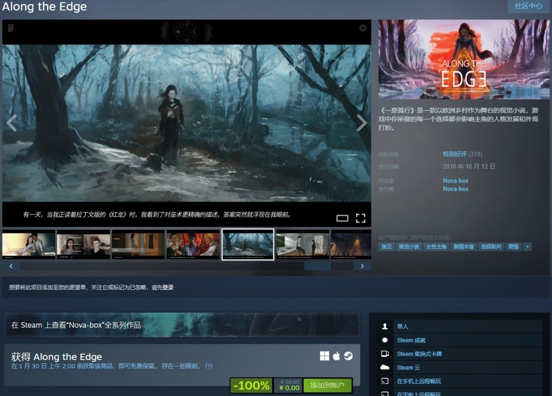 Steam喜加一福利！高分视觉小说《一意孤行》限时免费领取入库