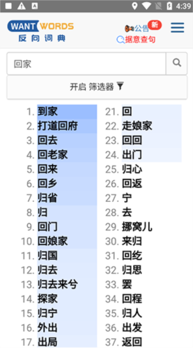 清华反向词典搜索结果展示