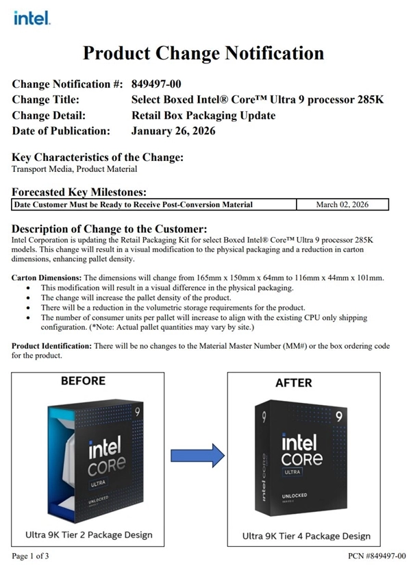 Intel旗舰级酷睿Ultra 9 285K推出新包装：更小巧、更轻盈、风格更简约