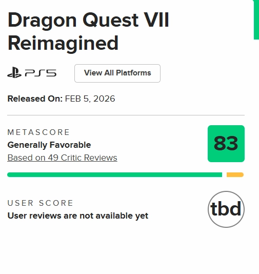 《勇者斗恶龙7重制版》在M站斩获83分佳绩，是每位RPG爱好者都不容错过的佳作