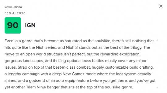 IGN为系列巅峰之作《仁王3》打出了9分的好评