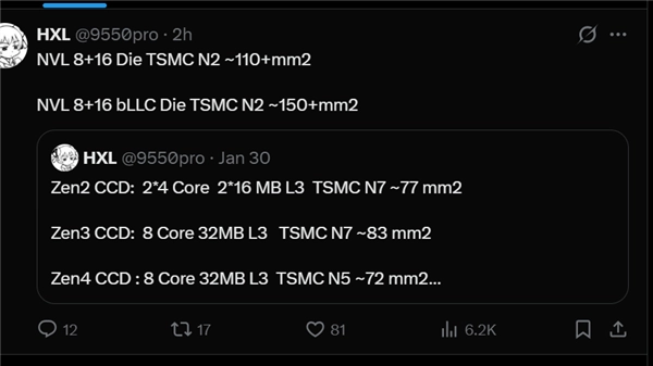 Nova Lake处理器核心面积公布：比Zen6大得多，52核加288MB缓存的配置实在超乎想象