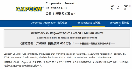 《生化危机9：安魂曲》销量超600万！系列有史以来卖得最迅速的一代