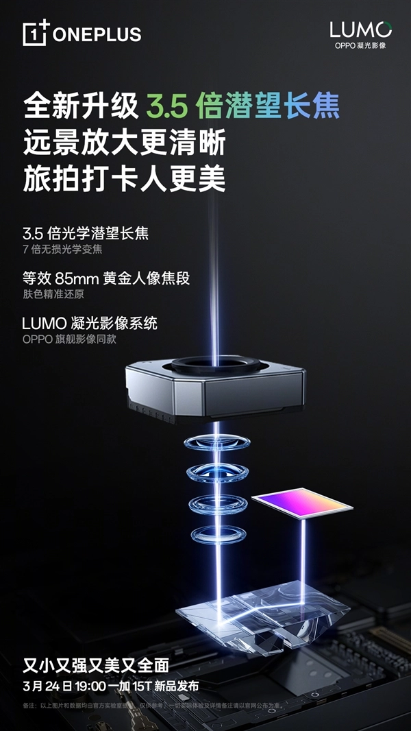 一加15T堪称小屏影像天花板，配备3.5倍潜望长焦，OIS光学防抖功能也没落下