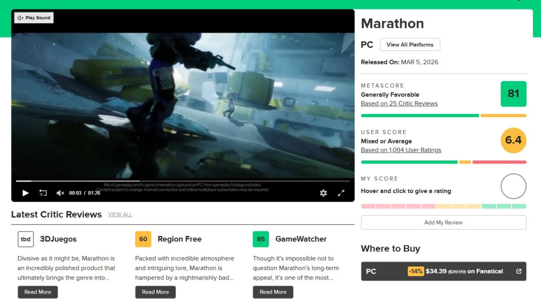 关于《马拉松》PC版的媒体评分已经正式公布，GameSpot给出了9分的好评