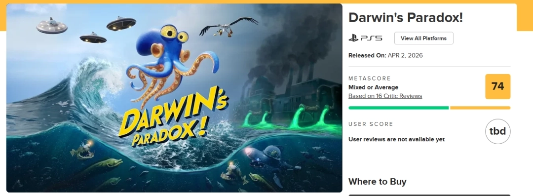 《达尔文悖论》这款冒险游戏的媒体评分解禁了，M站均分达到74