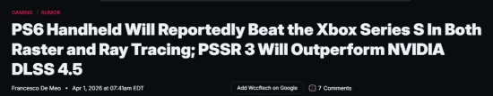有消息称PS6掌机性能接近主机级别，能轻松碾压XSS