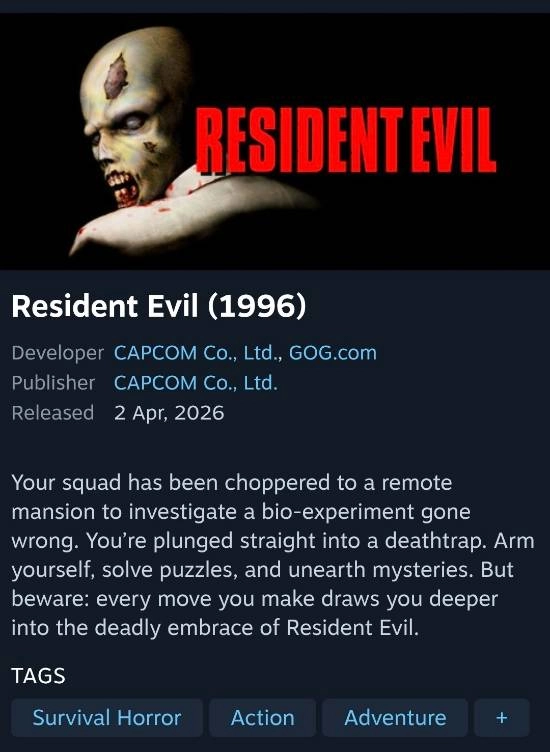 Steam上架《生化危机》原版，其PC配置要求简直突破天际！