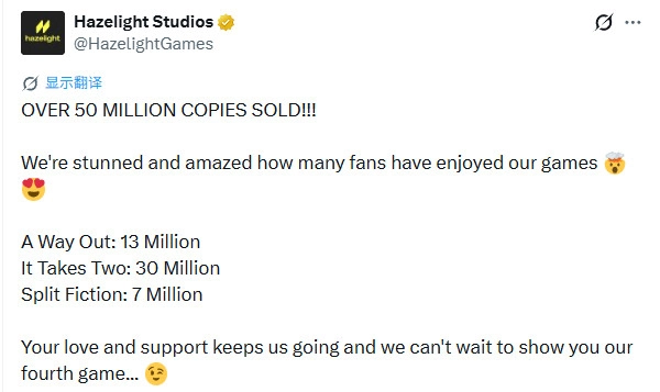 Hazelight游戏销量累计达5000万，《双人成行》贡献超3000万销量