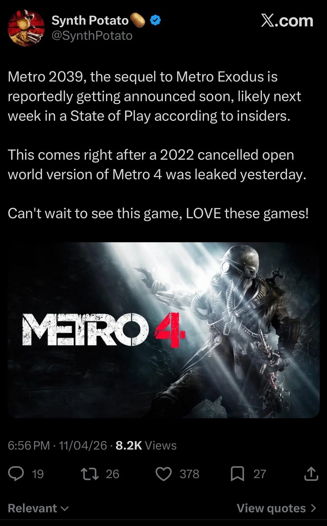 《地铁4》早期废弃版本意外流出 为完全开放世界设计